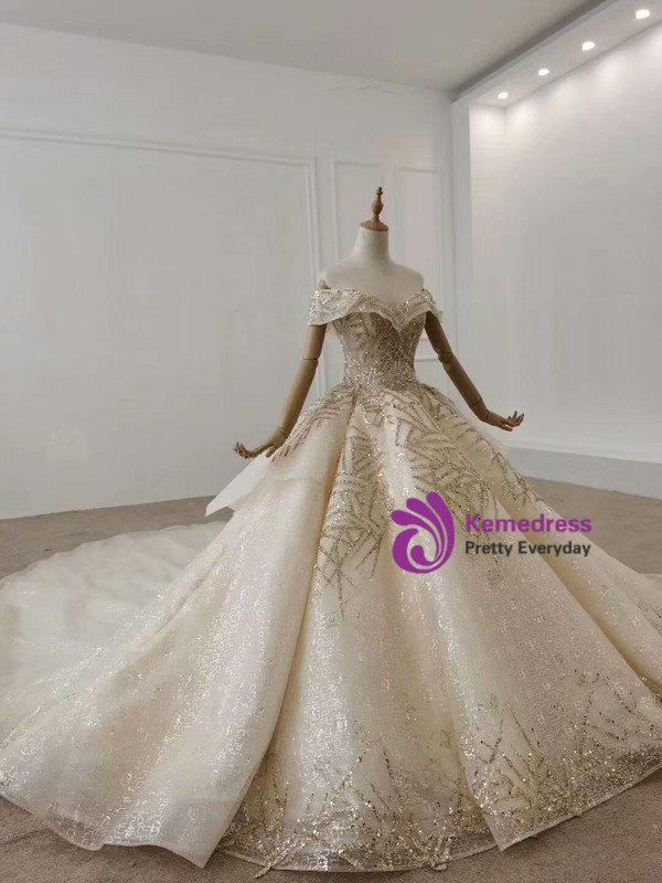 Kemedress Luxury Sparkle Off The Shoulder Tulle Beading Champagne Wedding Dress