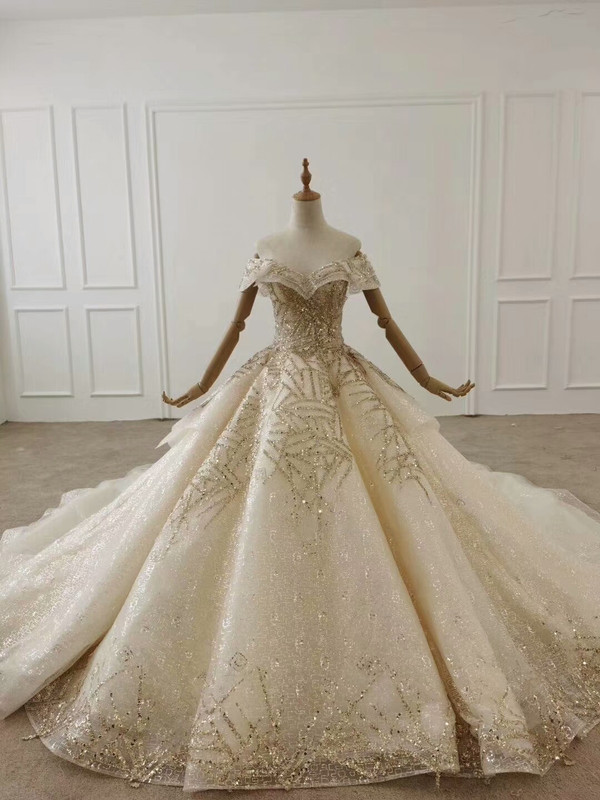 Kemedress Luxury Sparkle Off The Shoulder Tulle Beading Champagne Wedding Dress