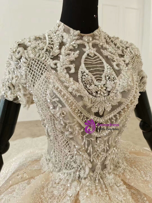 Unique 2020 High Neck Short Sleeves Appliques Crystal Ruffles Huate Couture Wedding Dress