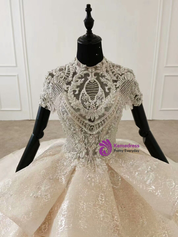 Unique 2020 High Neck Short Sleeves Appliques Crystal Ruffles Huate Couture Wedding Dress