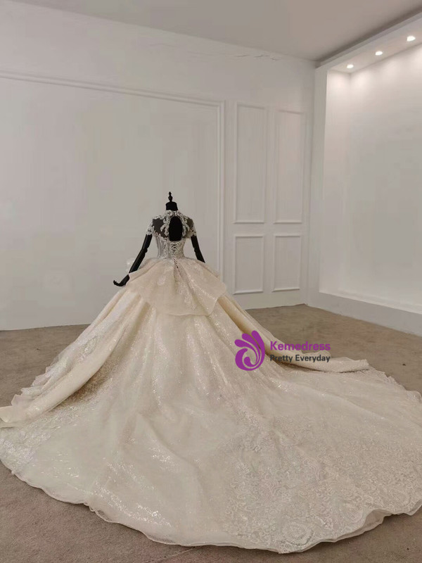 Unique 2020 High Neck Short Sleeves Appliques Crystal Ruffles Huate Couture Wedding Dress