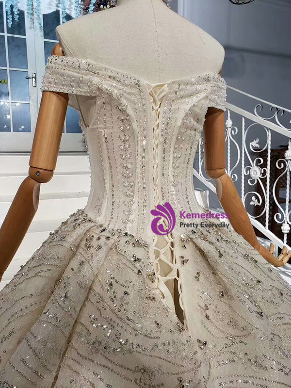 Beautiful 2020 Sparkle Off The Shoulder Tulle Beading Sequin Huate Couture Wedding Dress