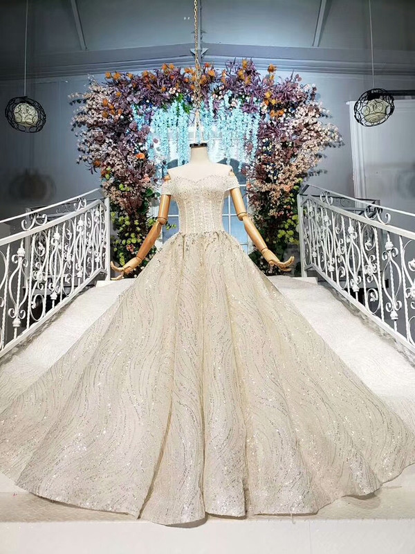 Beautiful 2020 Sparkle Off The Shoulder Tulle Beading Sequin Huate Couture Wedding Dress