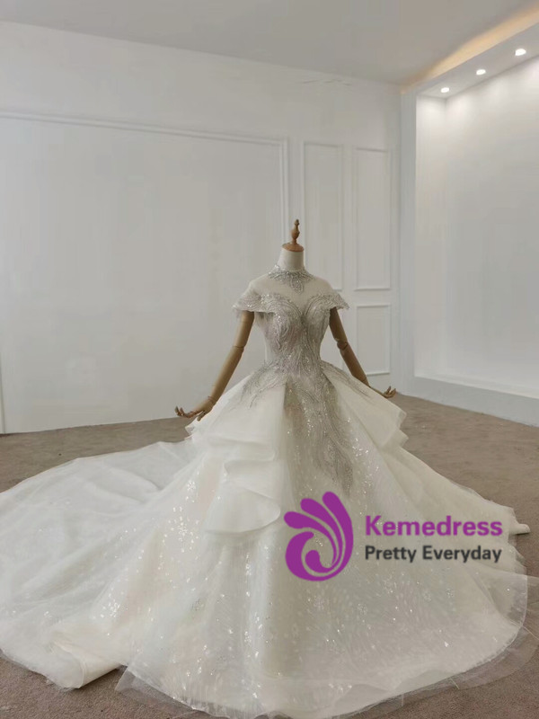 Shop Beautiful 2020 High Neck Cap Sleeves Crystal Ball Gown Ruffles Tulle Haute Couture Wedding Dress