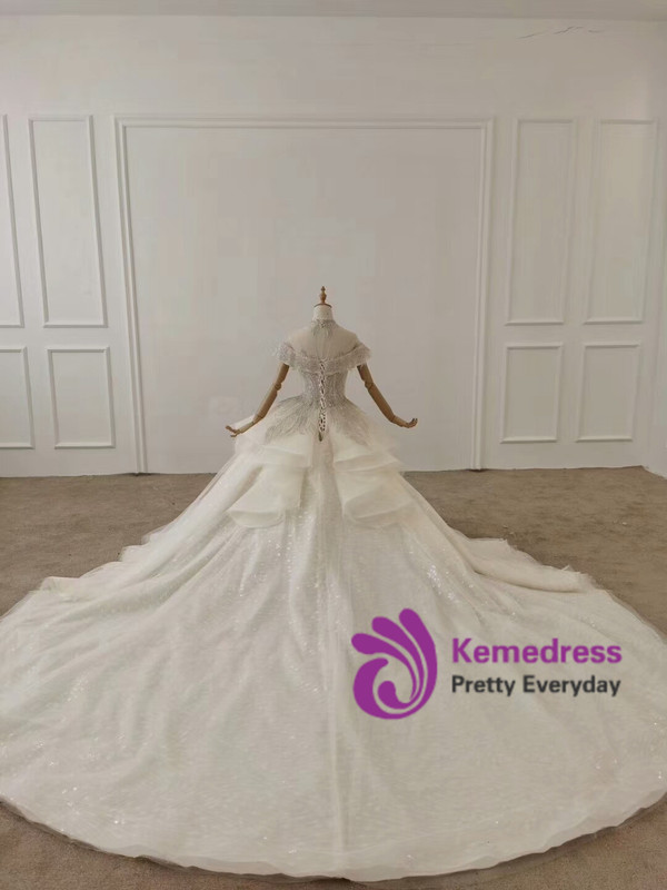 Shop Beautiful 2020 High Neck Cap Sleeves Crystal Ball Gown Ruffles Tulle Haute Couture Wedding Dress