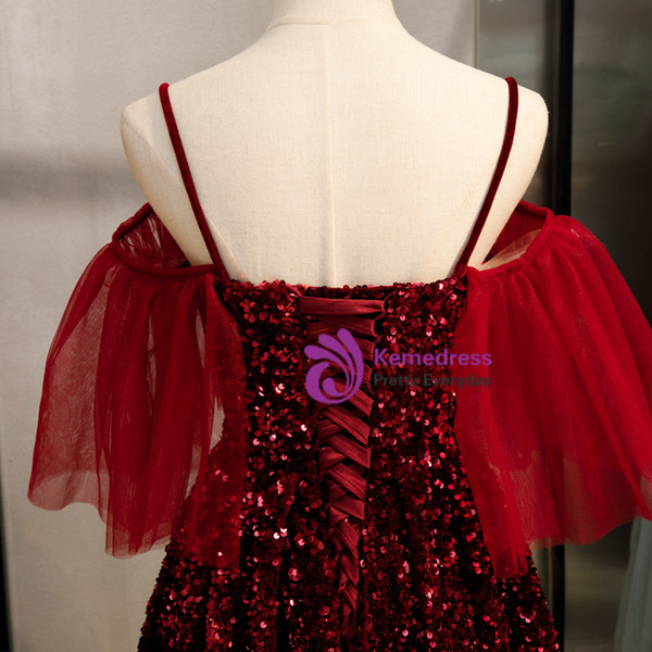 Shop 2020 Sweetheart Removeable Sleeves Sequin Tea Length Burgundy Prom Dress From Kemedress