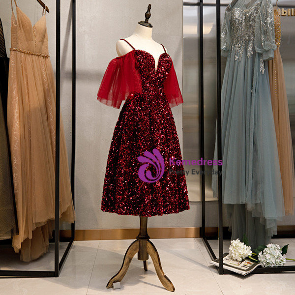 Shop 2020 Sweetheart Removeable Sleeves Sequin Tea Length Burgundy Prom Dress From Kemedress