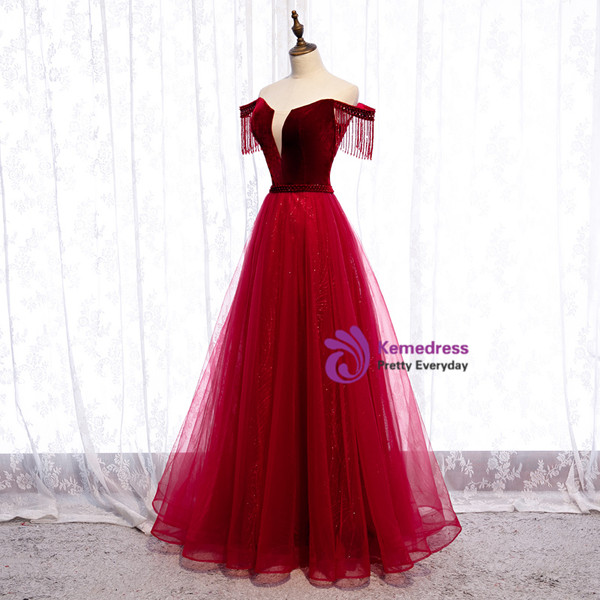 Shop 2020 Tassel Sleeves Off The Shoulder Tulle Burgundy Floor Length Lace Up Prom Dress From Kemedress