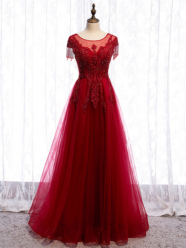 Buy Cheap Cap Sleeves Beading Appliques Tulle Scoop Floor Length Burgundy Prom Dress From Kemedress
