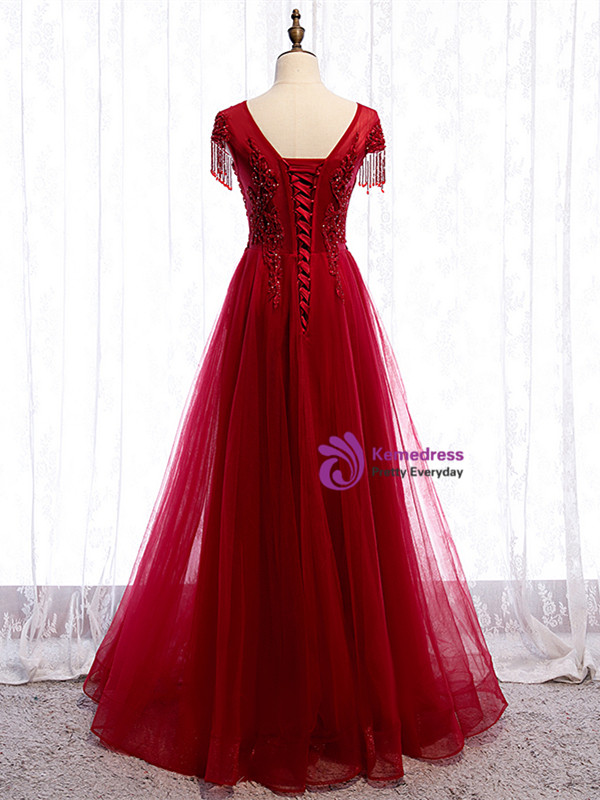 Buy Cheap Cap Sleeves Beading Appliques Tulle Scoop Floor Length Burgundy Prom Dress From Kemedress