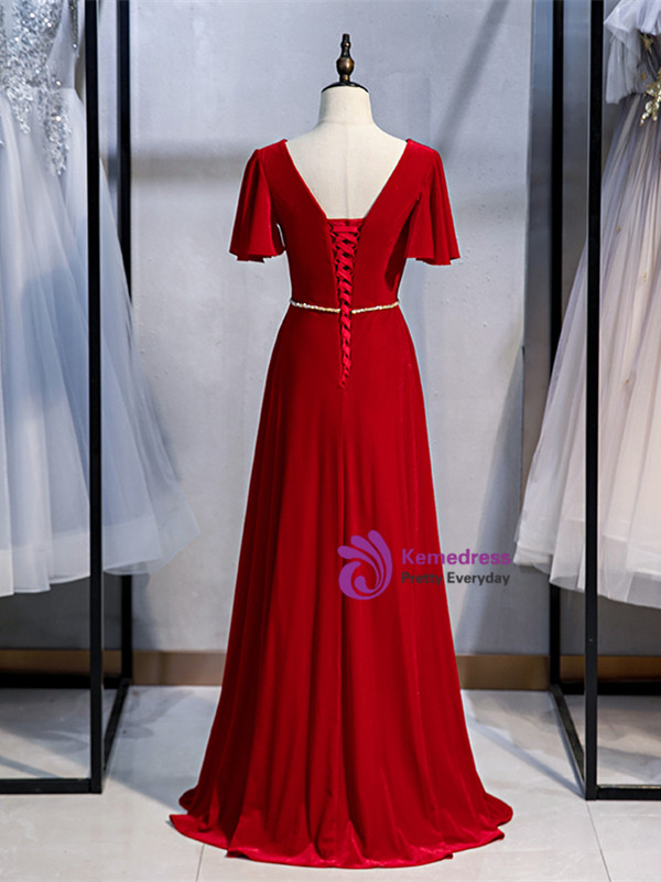 Buy Elegant V Neck Short Sleeves Beading Velvet Log Red Prom Dress From Kemedress