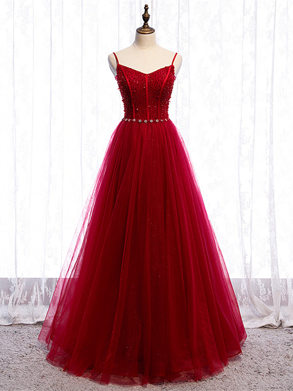 Shop Beautiful Spaghetti Straps Tulle Beading Floor Length Burgundy Prom Dress For Sale