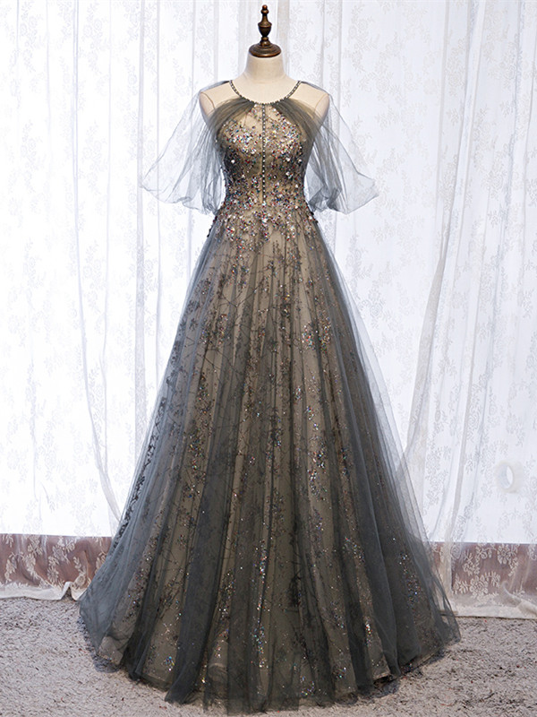 Short Sleeves Halter Gray Tulle Sparkle Sequin Backless Prom Dress