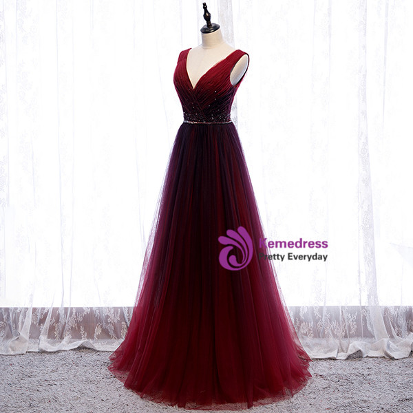 Buy Cheap 2020 Pleats Beading Burgundy V Neck Long A Line Tulle Prom Dress From Kemedress