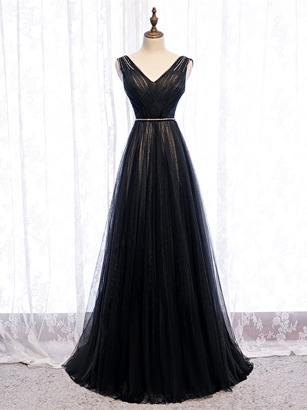 Shop Cheap 2020 Black V Neck Tulle Pleats Beading Long Prom Dress From Annakoo