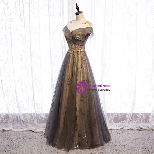 Gray Illusion Cap Sleeves Sequin Lace Up Tulle Prom Dress