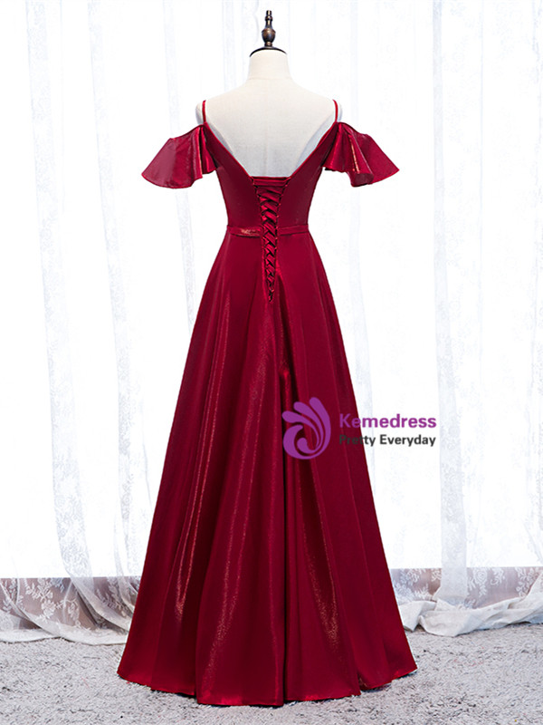 Shop 2020 V Neck Short Sleeves Satin Belt Long Burgundy Prom Dress Under 109