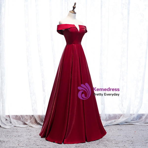Shop Unique Off The Shoulder Burgundy Satin Cut Out Prom Dress From Kemedress