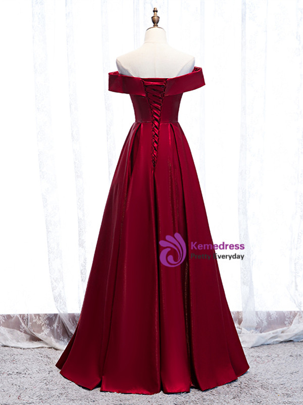 Shop Unique Off The Shoulder Burgundy Satin Cut Out Prom Dress From Kemedress