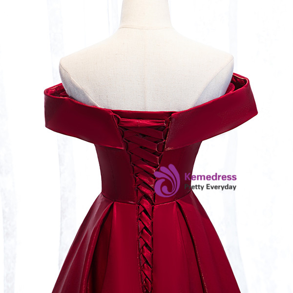 Shop Unique Off The Shoulder Burgundy Satin Cut Out Prom Dress From Kemedress