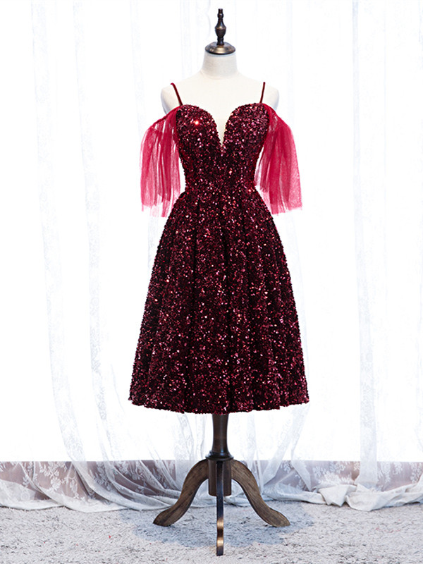 Sparkle Sequin Burgundy Tea Length Spaghetti Straps Prom Dress