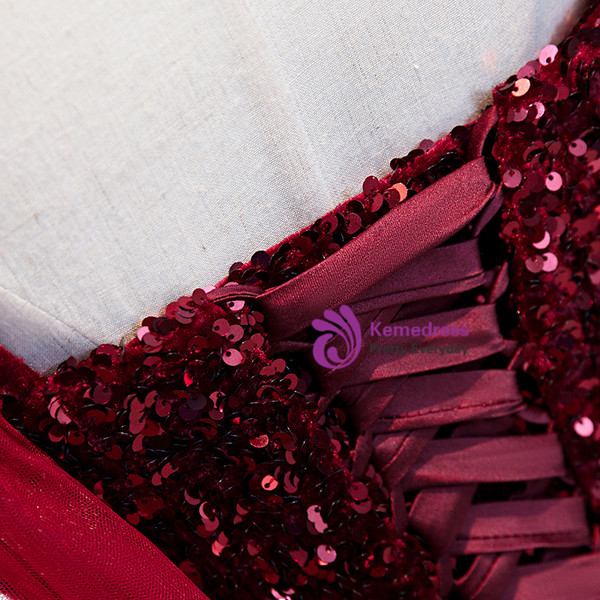 Shop Cheap Sparkle Sequin Burgundy Tea Length Spaghetti Straps Prom Dress Under 119