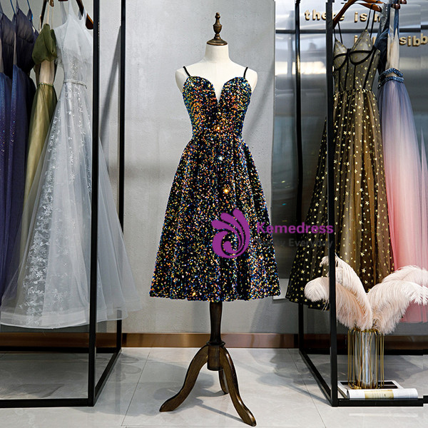 Shop Cheap 2020 Color Sequin Spaghetti Straps Tea Length Short Sleeves Prom Dress Under 100