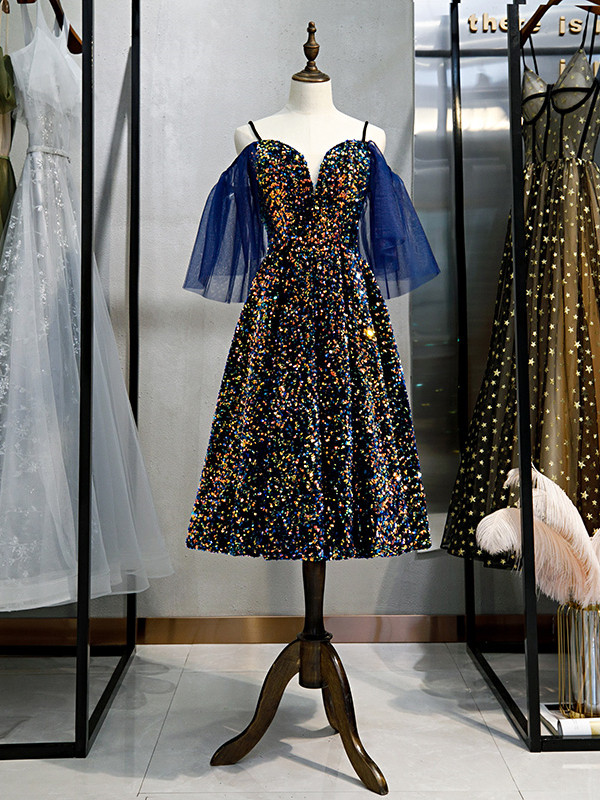 Shop Cheap 2020 Color Sequin Spaghetti Straps Tea Length Short Sleeves Prom Dress Under 100