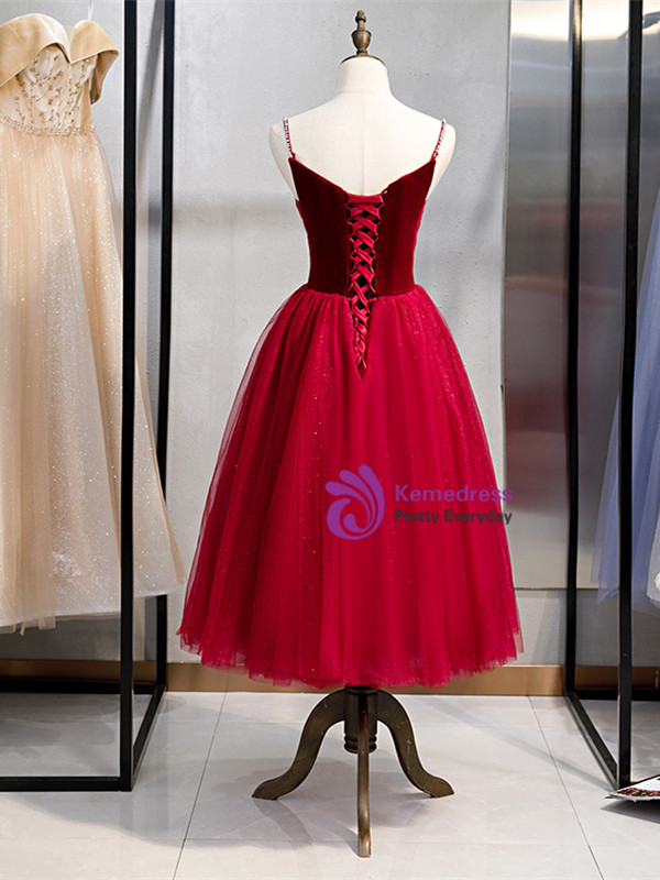 Buy 2020 Kemedress Tea Length Burgundy Velvet Tulle Sweetheart Prom Dress For Sale