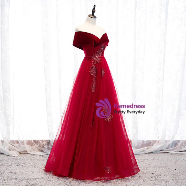 Shop Kemedress 2020 Off The Shoulder Burgundy Tulle Velvet Appliques Long Prom Dress For Sale