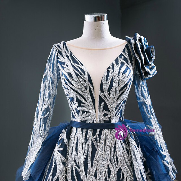 Unique Blue Tulle Sequins Long Sleeve Rose Flower Long Prom Dress 2020