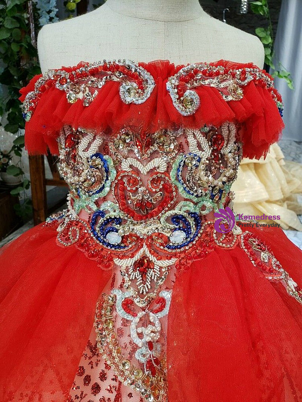 Marvelous Red Tulle Sequins Strapless Appliques Flower Girl Dress 2020