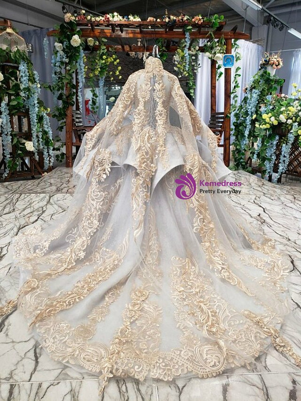 Pretty Gray Ball Gown Tulle Gold Lace Appliques Flower Girl Dress With Shawl 2020 