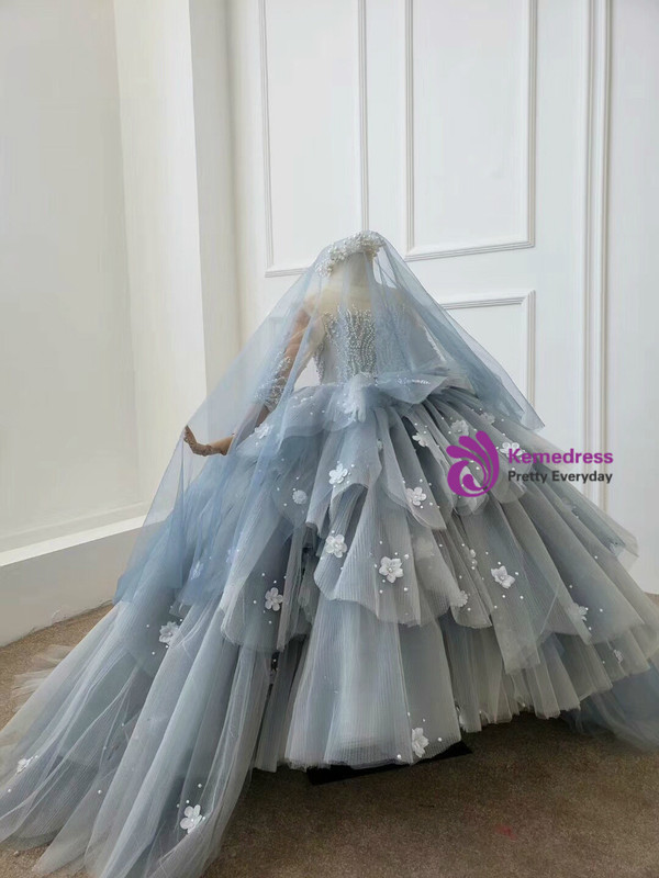 Gray Tulle Appliques 3/4 Sleeve Backless Beading 3D Flower Girl Dress 2020
