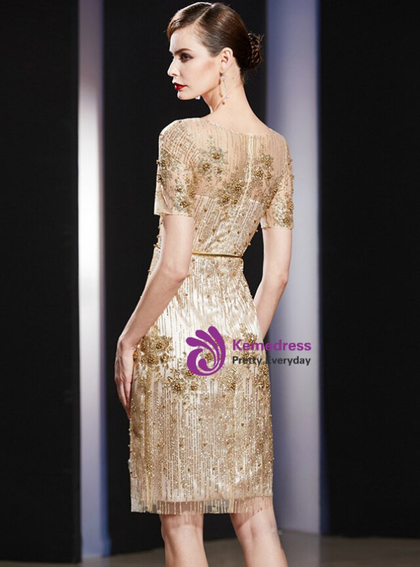 Marvelous Gold Sheath Sequins Short Sleeve Short Mother Of The Bride Dress 2020