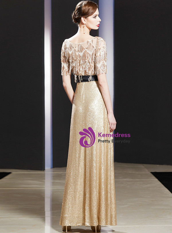 Gorgeous Gold Sequins Short Sleeve Mother Of The Bride Dress With Sash 2020