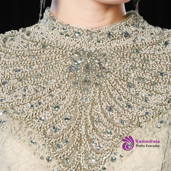 Champagne Lace Mermaid High Neck Cap Sleeve Beading Prom Dress 2020