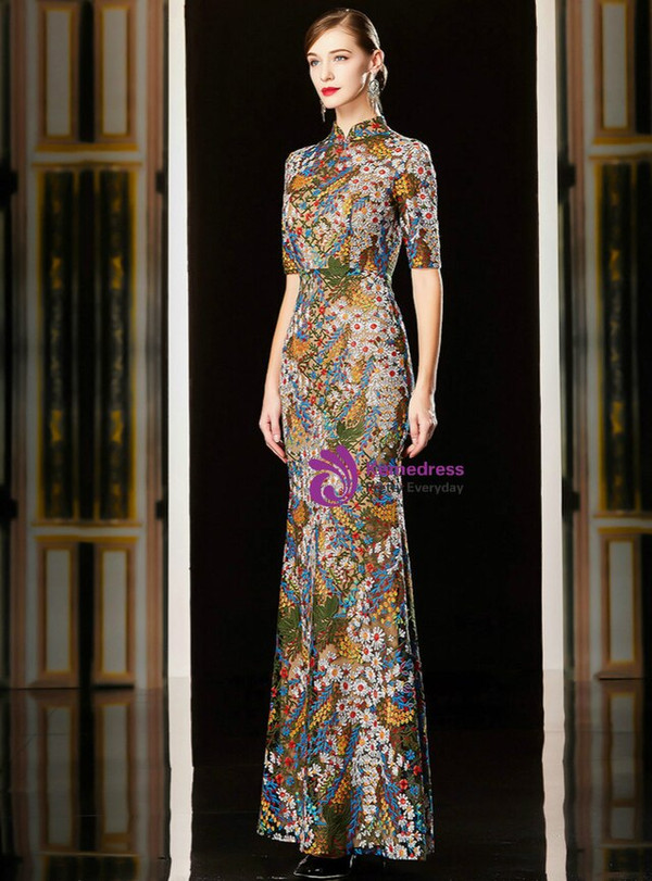 The Cheap Price Sexy Coloful Sheath High Neck Short Sleeve Lace Embroidery Mother Of The Bride Dress