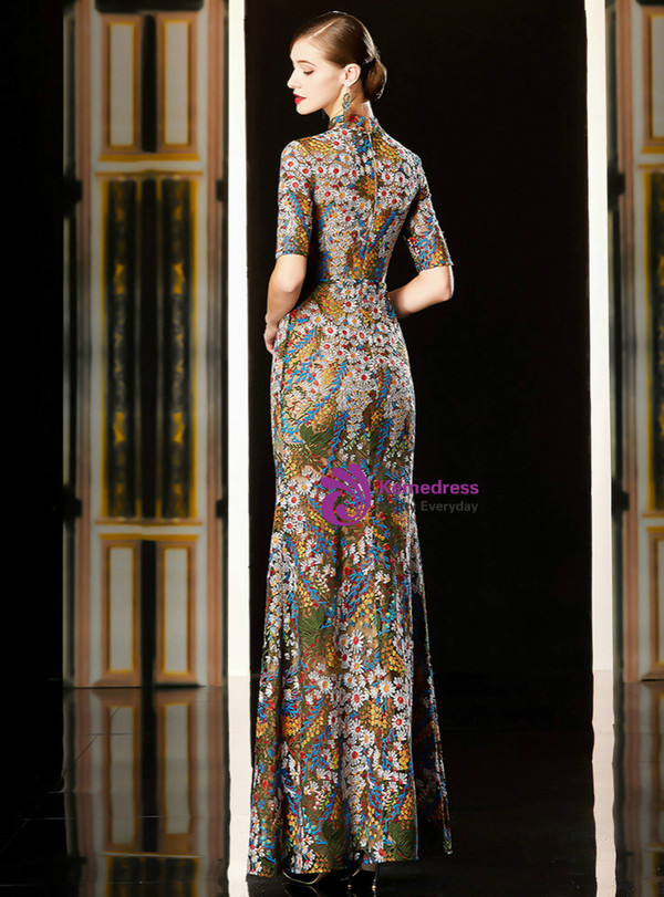 The Cheap Price Sexy Coloful Sheath High Neck Short Sleeve Lace Embroidery Mother Of The Bride Dress