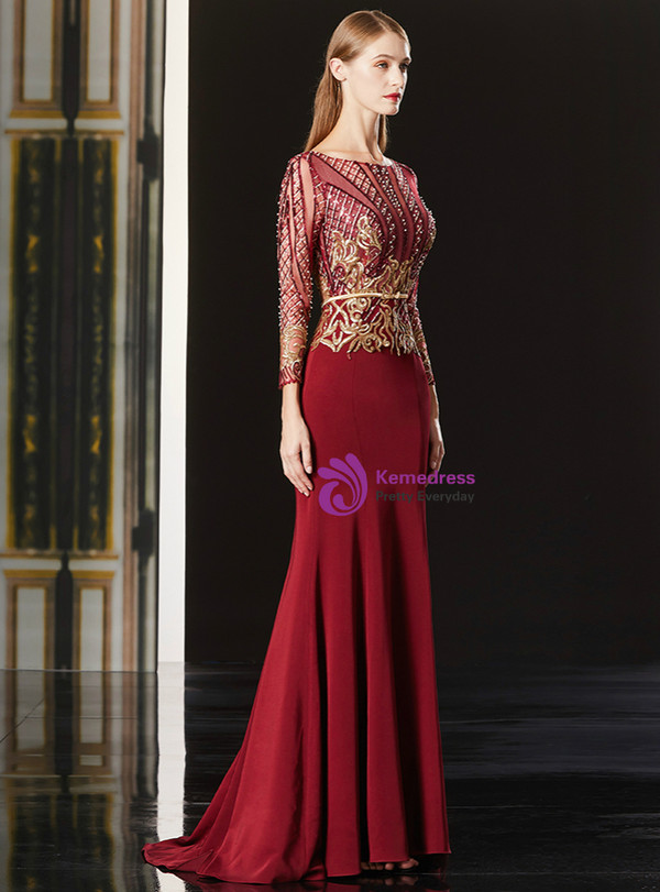 Burgundy Mermaid Bateau Sequins Long Sleeve Gold Appliques Long Mother Of The Bride Dress 2020