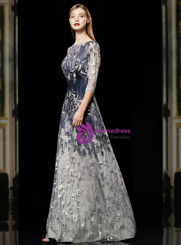 Gray Lace 3/4 Sleeve Bateau Floor Length Mother Of The Bride Dress 2020