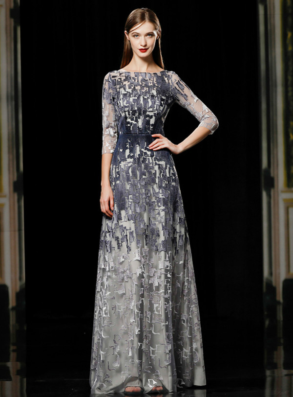 Gray Lace 3/4 Sleeve Bateau Floor Length Mother Of The Bride Dress 2020