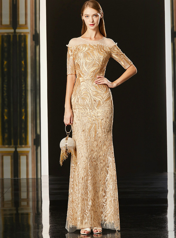 Adorable Champagne Gold Tulle Lace Mermaid Short Sleeve Sequins Mother Of The Bride Dress 2020