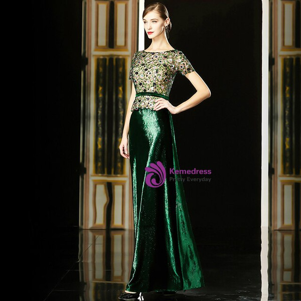 Stunning Green Sequins Bateau Short Sleeve Long Mother Of The Bride Dress 2020