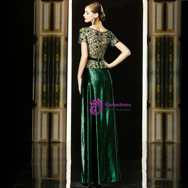 Stunning Green Sequins Bateau Short Sleeve Long Mother Of The Bride Dress 2020