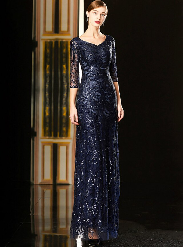 Adorable Navy Blue Tulle Sequins Half Sleeve Long Mother Of The Bride Dress 2020