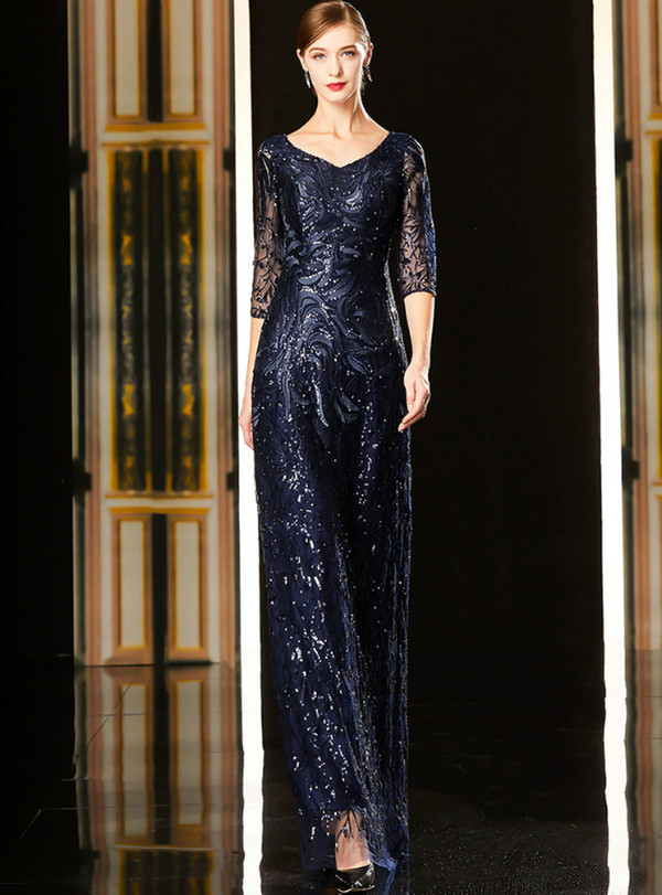 Adorable Navy Blue Tulle Sequins Half Sleeve Long Mother Of The Bride Dress 2020