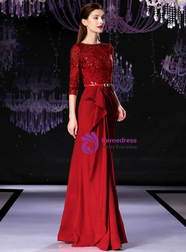 Red Spandex Lace Half Sleeve Long Mother Of The Bride Dress With Sash 2020