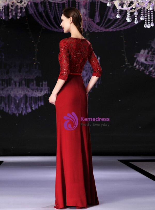 Red Spandex Lace Half Sleeve Long Mother Of The Bride Dress With Sash 2020