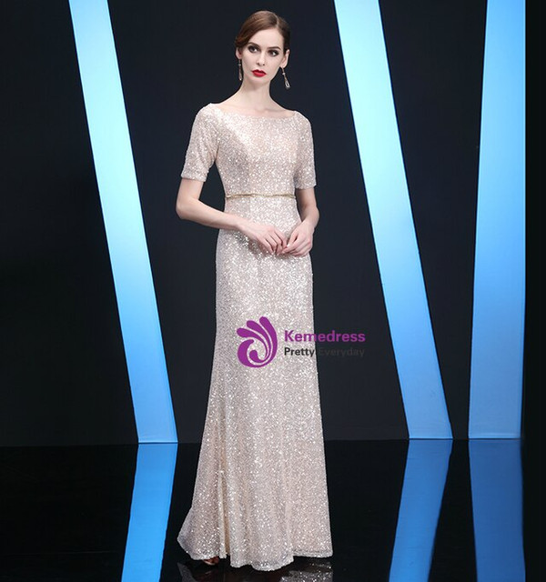 Simple Champagne Sequins Short Sleeve Long Mother Of The Bride Dress 2020